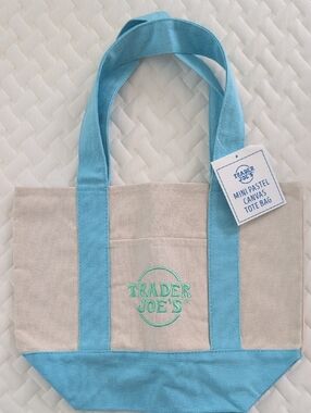 TRADER JOE'S Mini Pastel Canvas Tote Bag Light Blue Trim